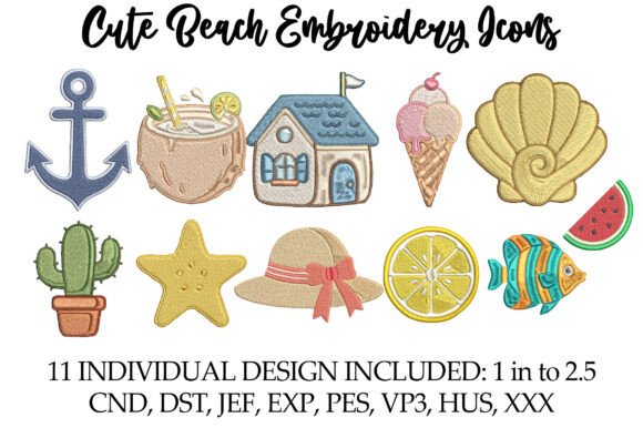 Cute Beach Embroidery Icons for Coastal Gifts