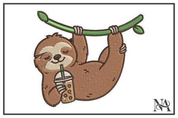 Cute Sloth Bubble Tea Embroidery Design