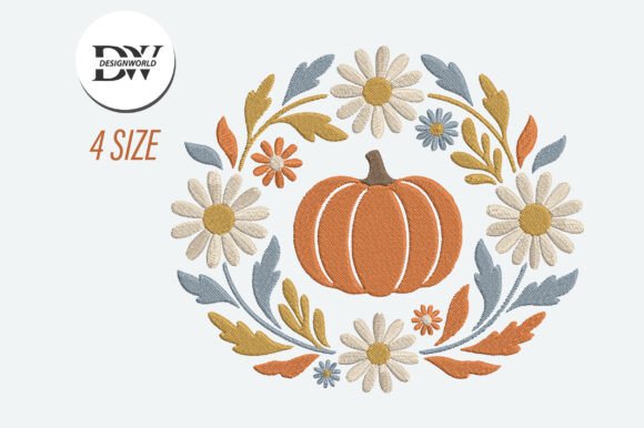 Pumpkin Embroidery Design with Flowers